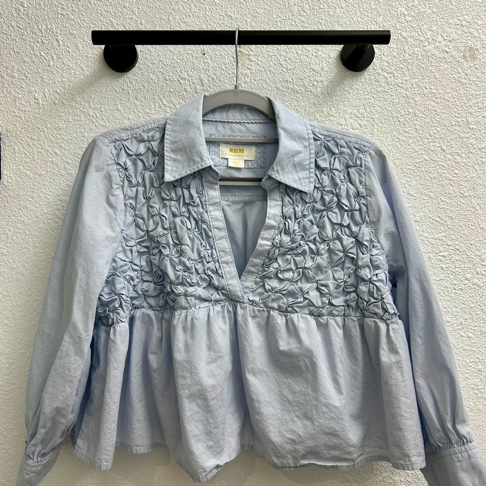 Anthropologie Blue Smocked 3/4 Sleeve Top
